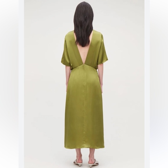 COS olive green 100% silk Deep V back Drape front short sleeves maxi dress Sz 12 - Picture 2 of 11